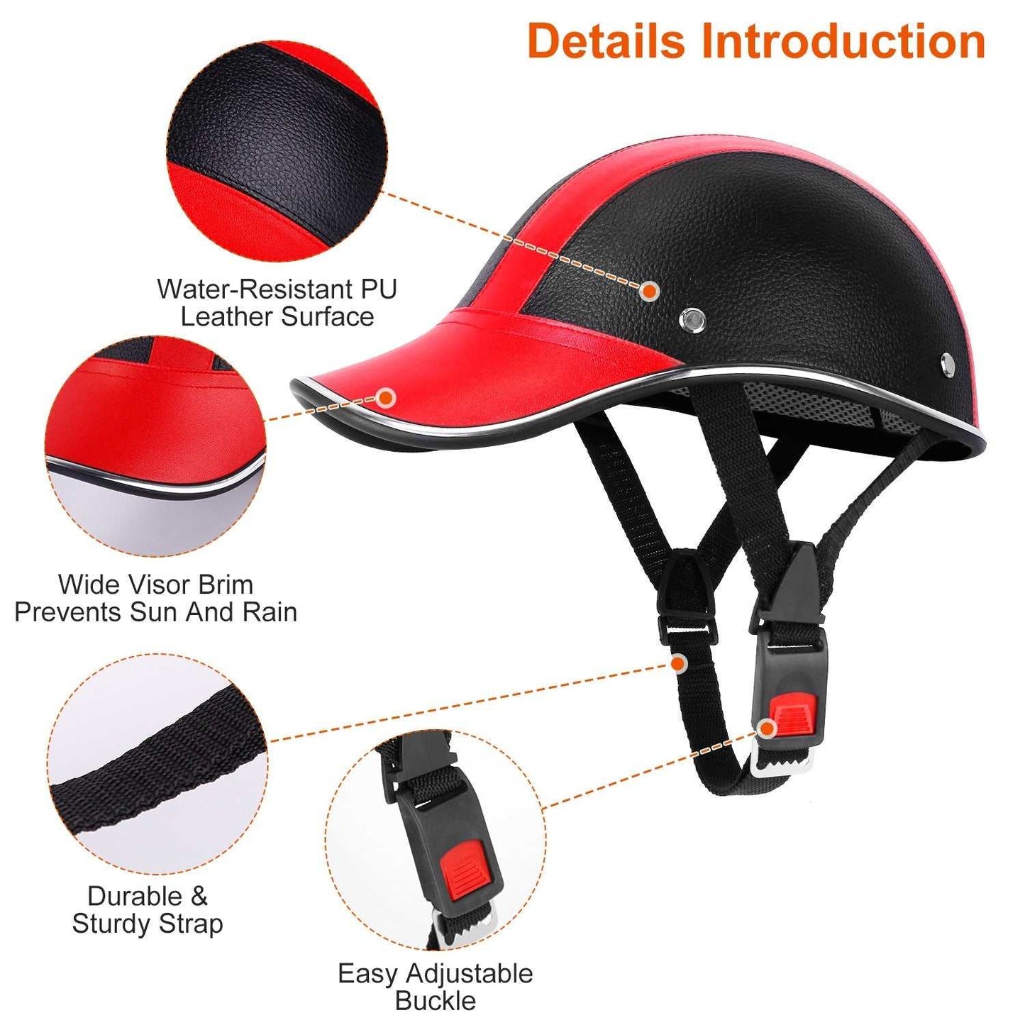 Adjustable safety bicycle helmet with sunshade brim and UV protection in red and black options