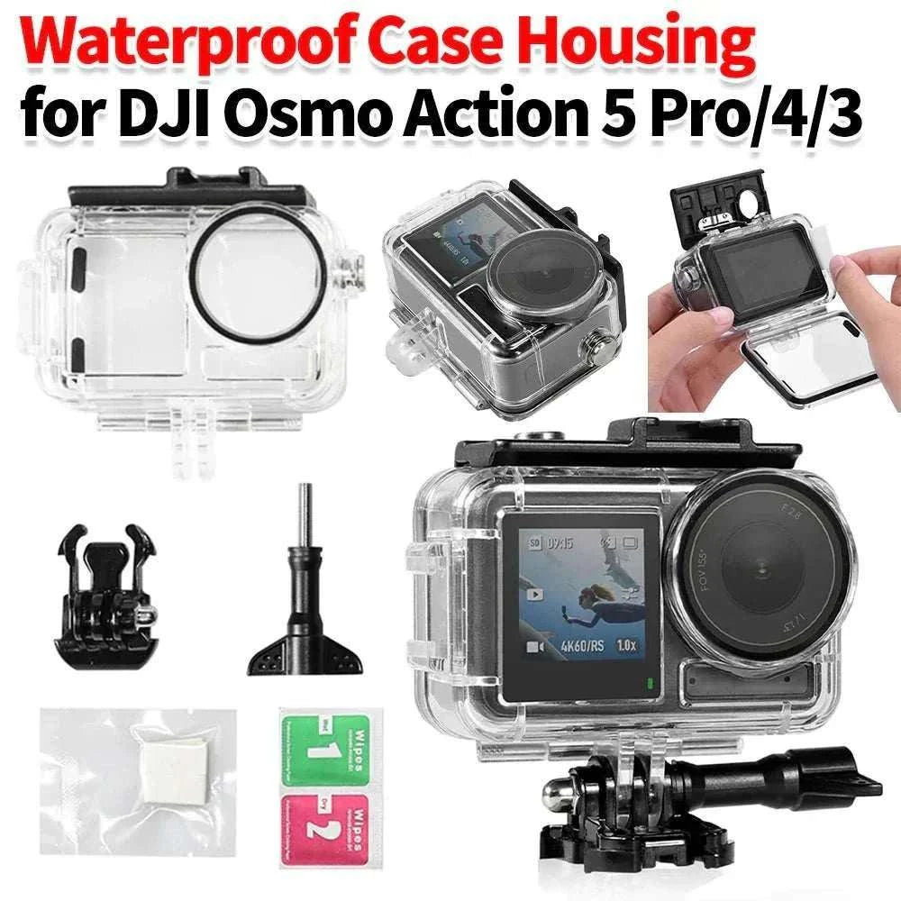 Waterproof dive housing for action cameras with 60m depth rating and anti-fog design