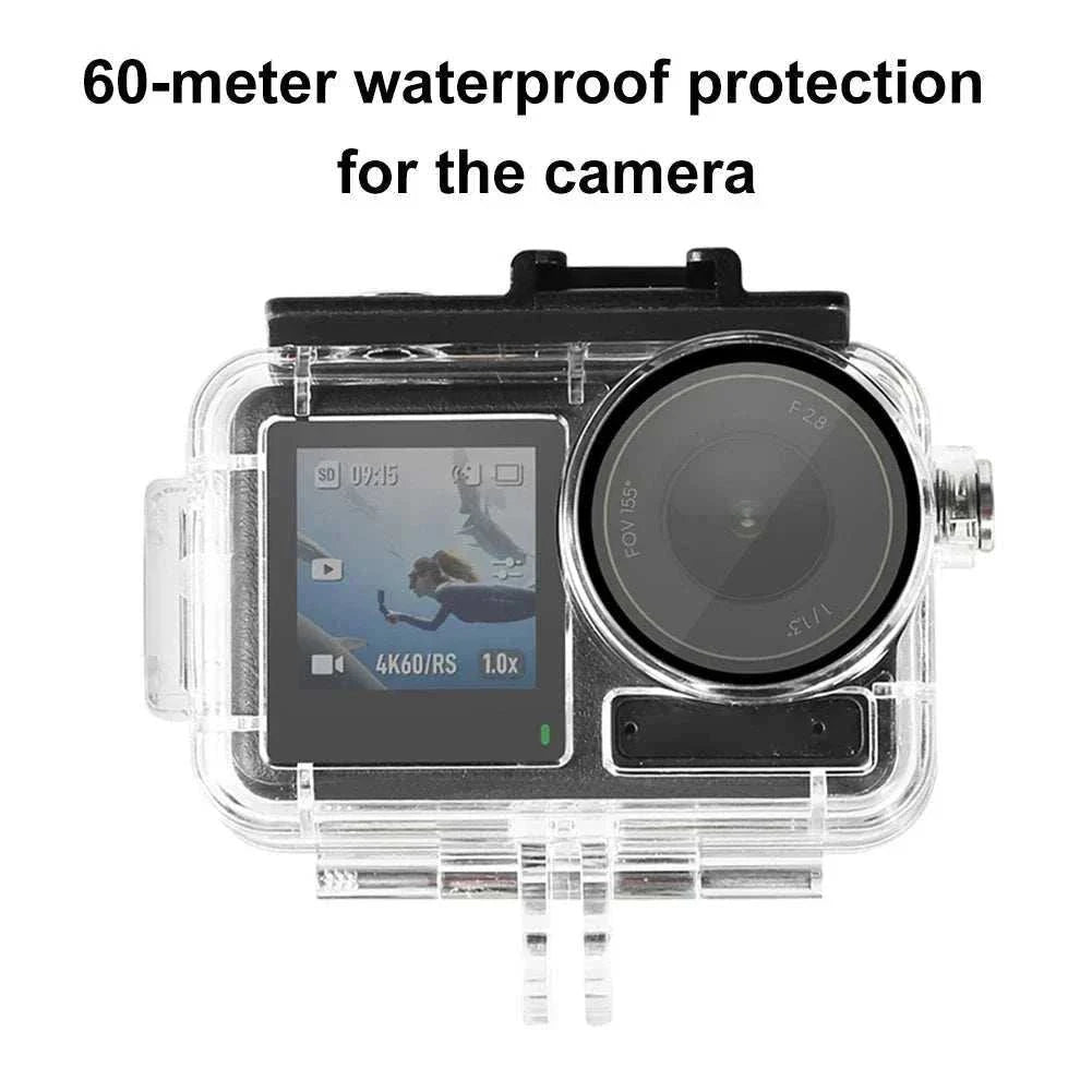 Waterproof dive housing for action cameras with 60m depth rating and anti-fog design