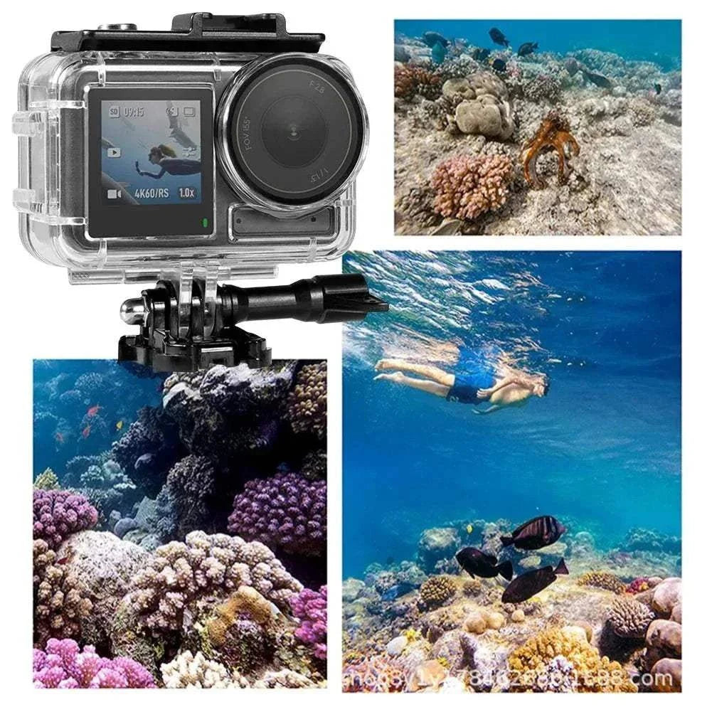 Waterproof dive housing for action cameras with 60m depth rating and anti-fog design