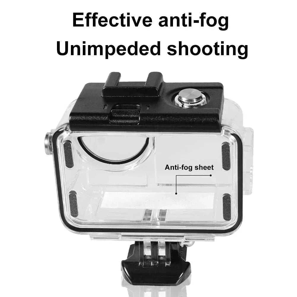 Waterproof dive housing for action cameras with 60m depth rating and anti-fog design
