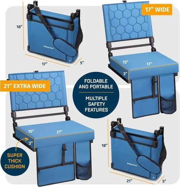 Folding reclining stadium seat with padded backrest, cup holder, and adjustable straps for outdoor comfort