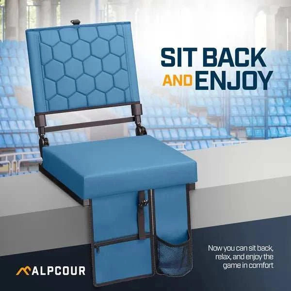 Folding reclining stadium seat with padded backrest, cup holder, storage pockets, and adjustable reclining positions for outdoor events