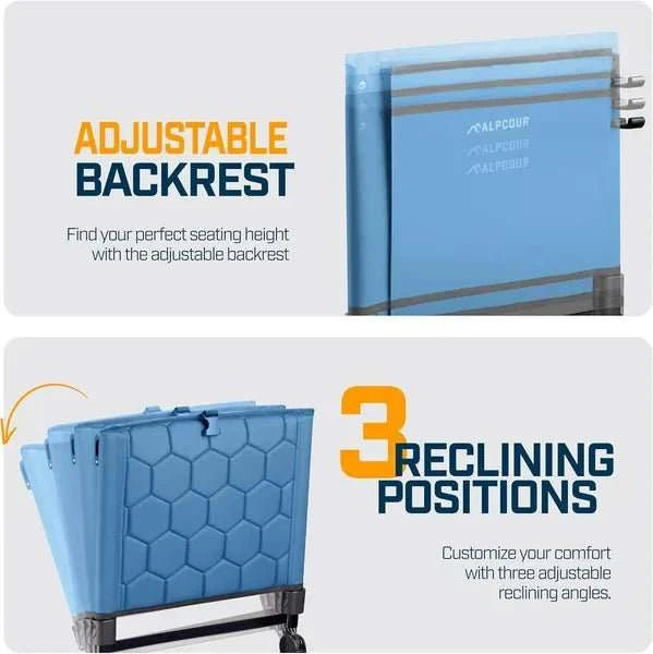 Folding reclining stadium seat with padded backrest, cup holder, storage pockets, and adjustable straps for outdoor comfort and stability