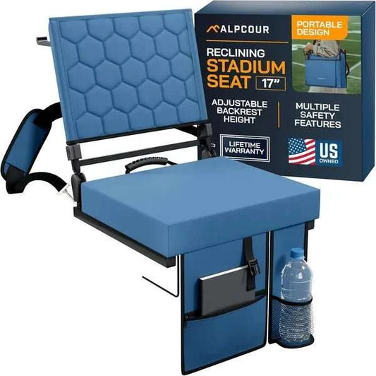 Folding reclining stadium seat with padded backrest, cup holder, and storage pockets for outdoor comfort