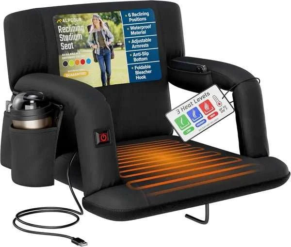 Heated reclining stadium seat with back support and cushioned comfort for outdoor events