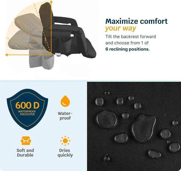Heated reclining stadium seat with cushioned back support and adjustable comfort for outdoor sports events