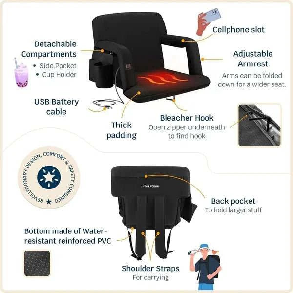 Heated reclining stadium seat with adjustable back support and cushioned cushion for outdoor sports comfort