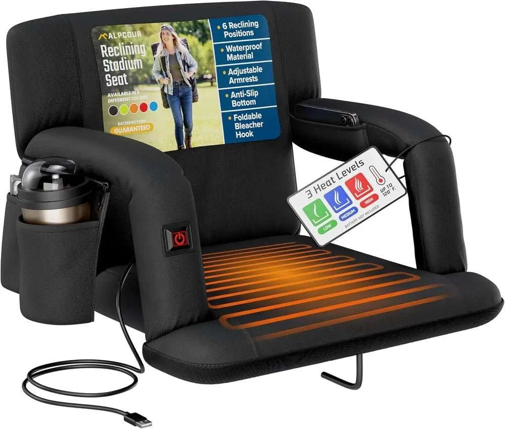 Heated reclining stadium seat with ergonomic back support and cushioned comfort for outdoor sports events