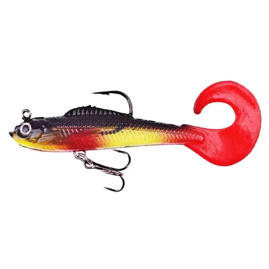 6-pack soft silicone wobbler fishing lures in six colors with 3D eyes and treble hooks for bass, pike, and carp fishing