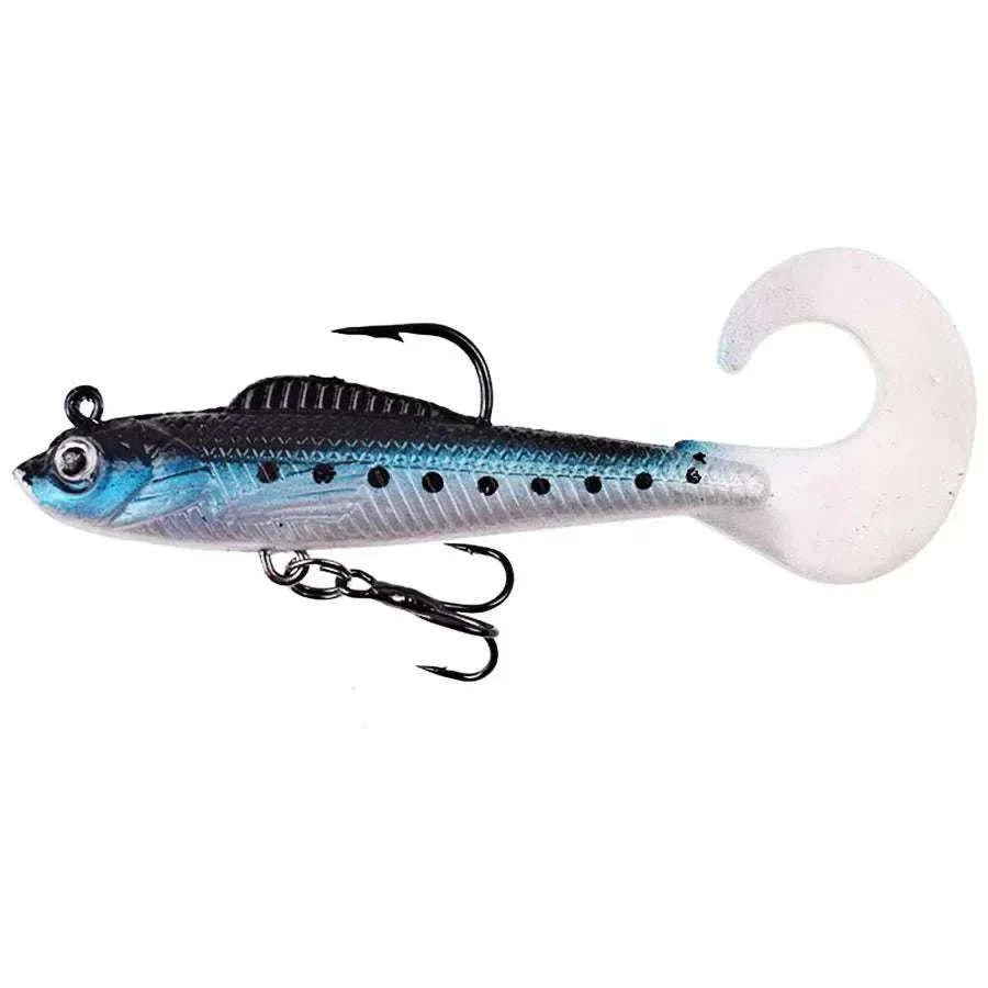 6-Pack Soft Silicone Wobbler fishing lures in six colors with 3D eyes and treble hooks for bass, pike, and carp fishing