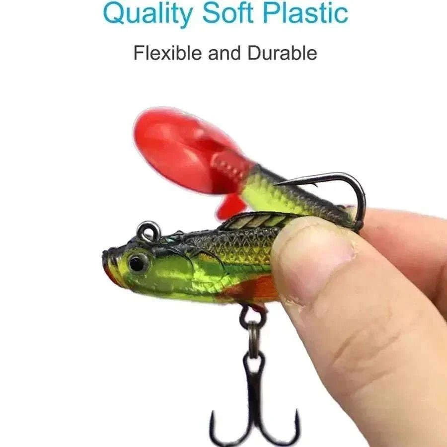6-Pack soft silicone wobbler fishing lures in six vivid colors with 3D eyes and treble hooks for bass, pike, and carp fishing.