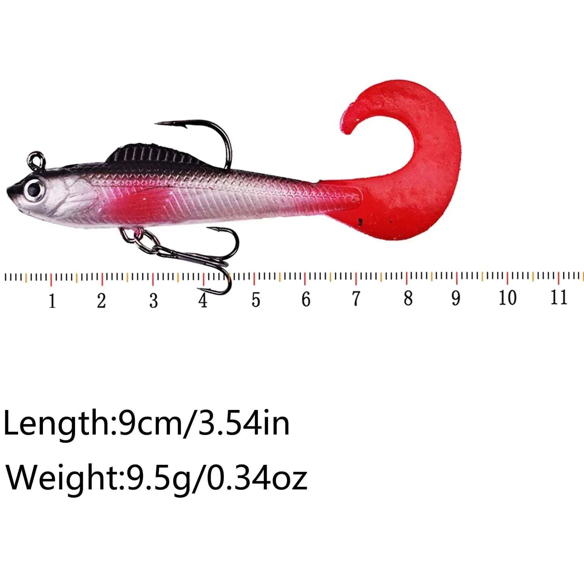 6-pack soft silicone wobbler fishing lures in six vivid colors with 3D eyes and treble hooks for bass, pike, and carp fishing