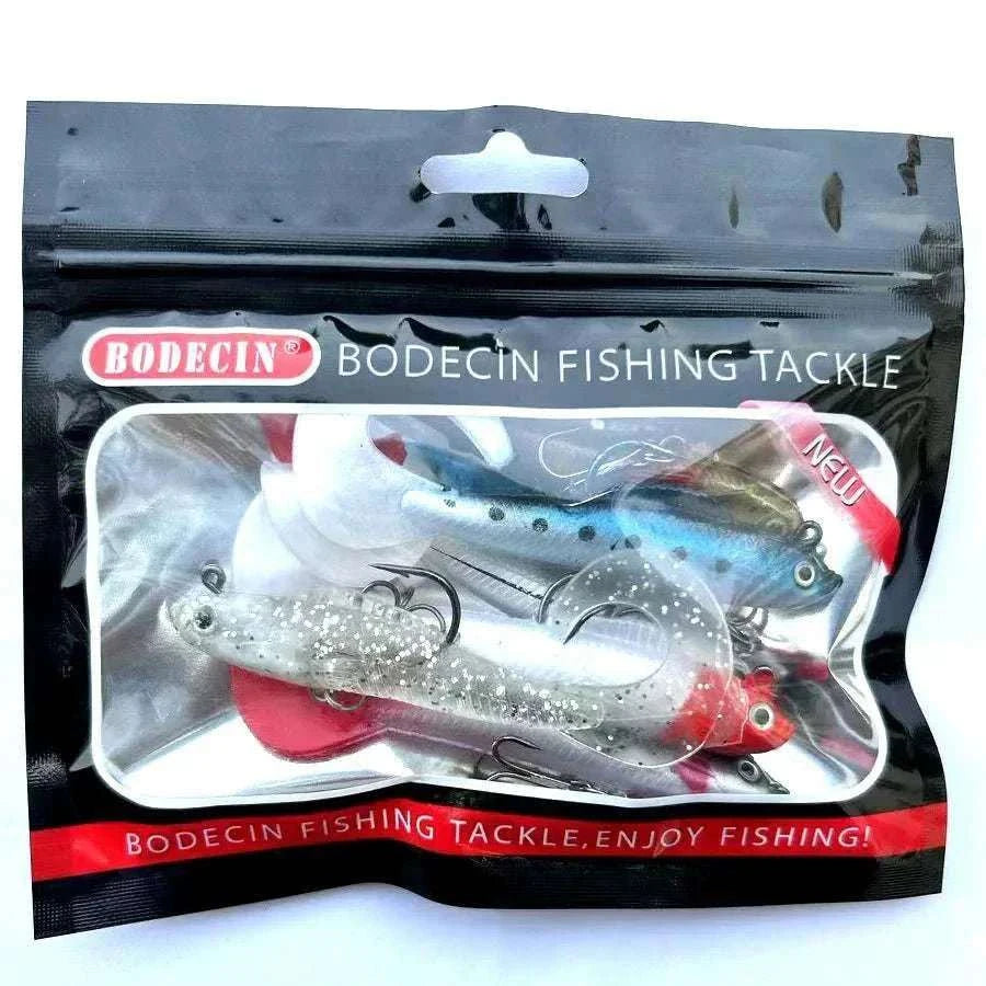 6-Pack soft silicone wobbler fishing lures in six vivid colors with 3D eyes and treble hooks for bass, pike, and carp fishing