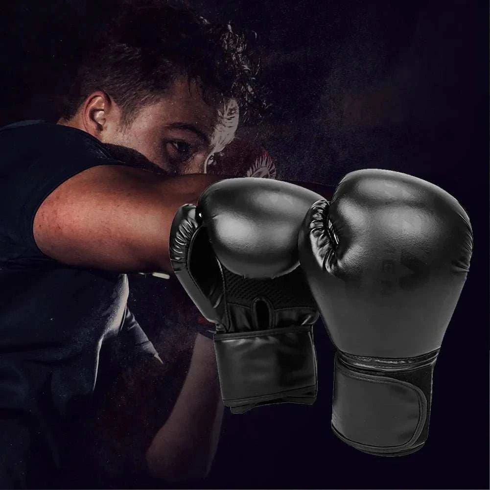 Breathable boxing gloves for Muay Thai with durable PU leather, high-elastic foam padding, ventilated palm, and adjustable wrist strap.