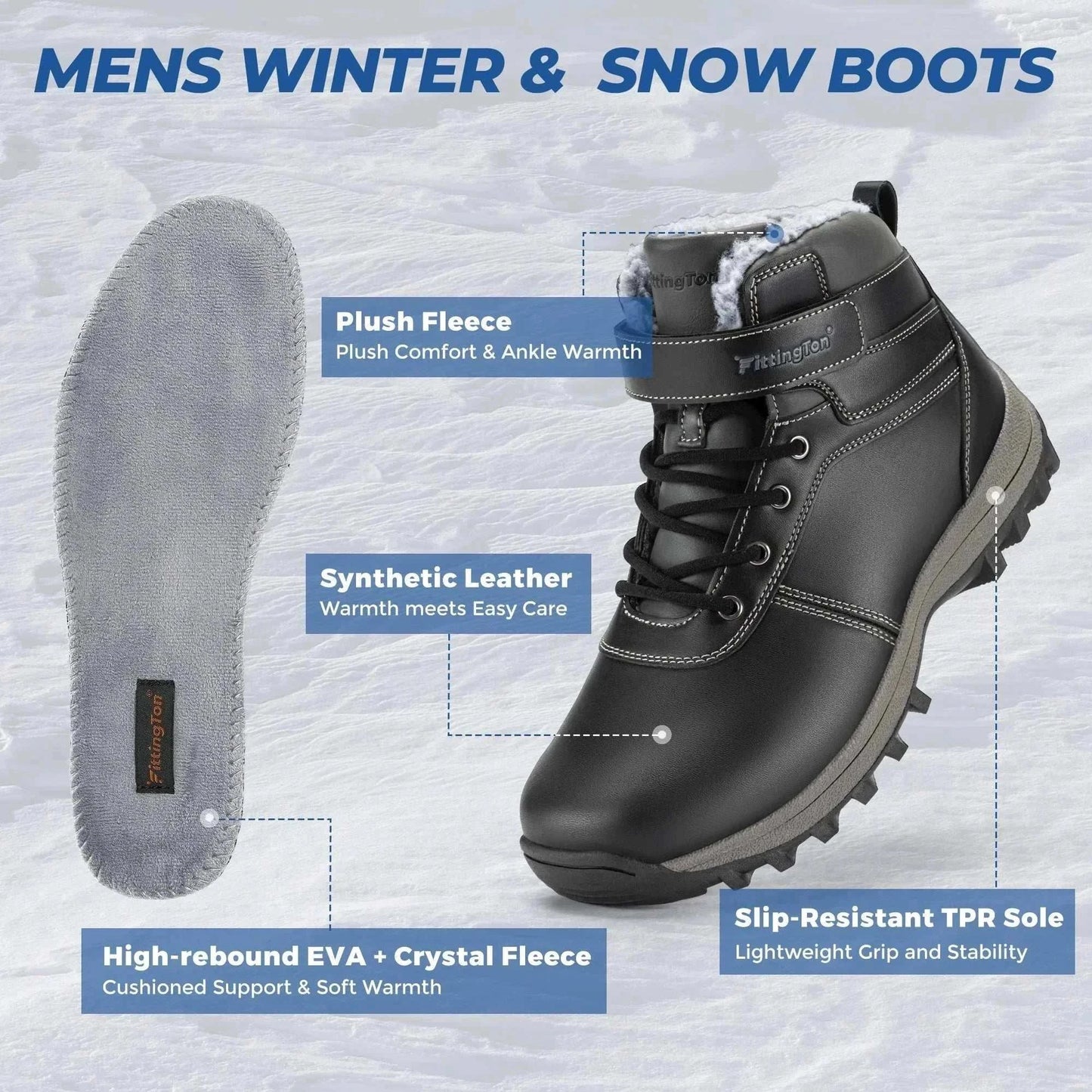 Closure Fittington Snow Boots men's warm thick lined winter footwear with wide toe box and plush collar
