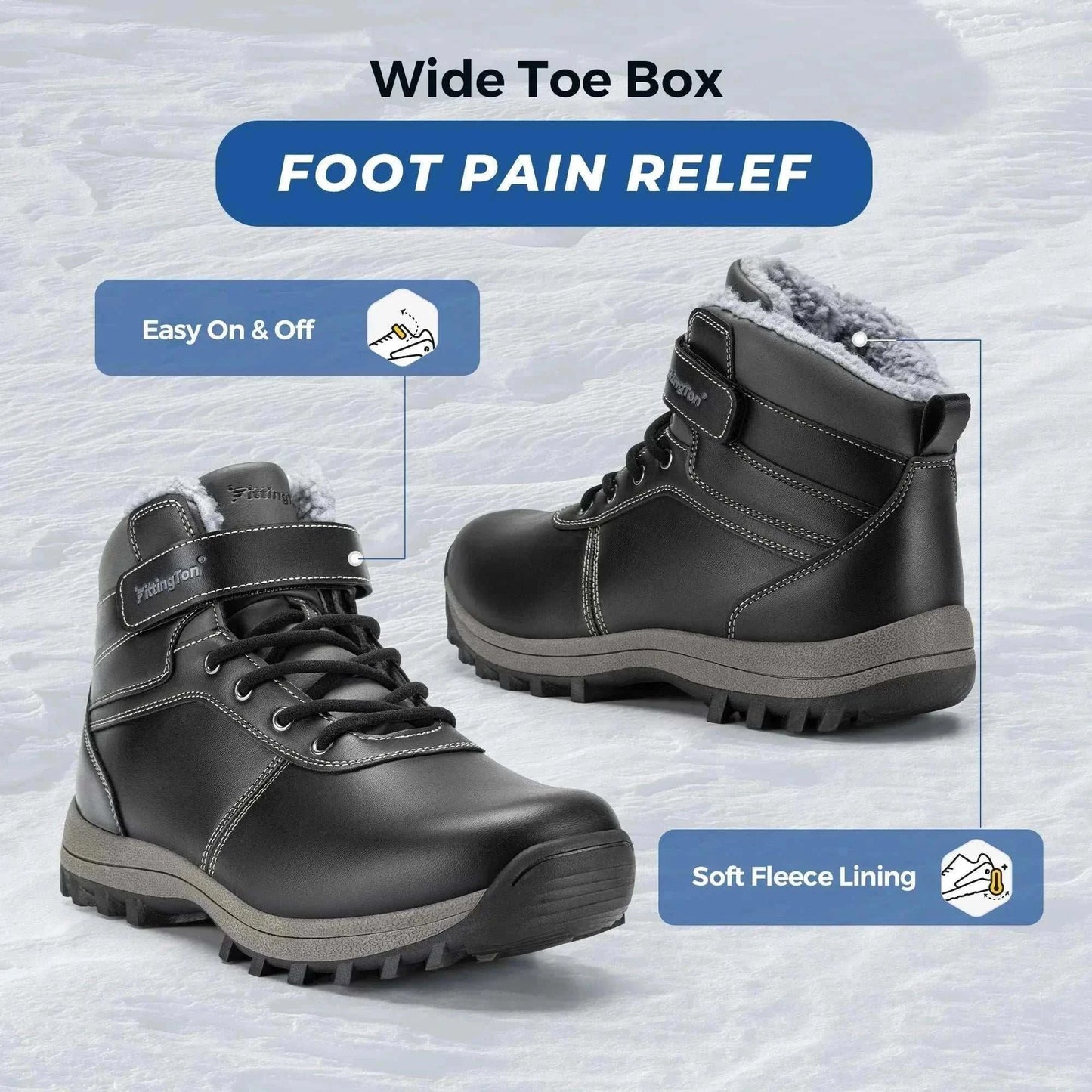 Closure Fittington Snow Boots for men with wide toe box, plush lining, and hook-and-loop closure for warm winter comfort