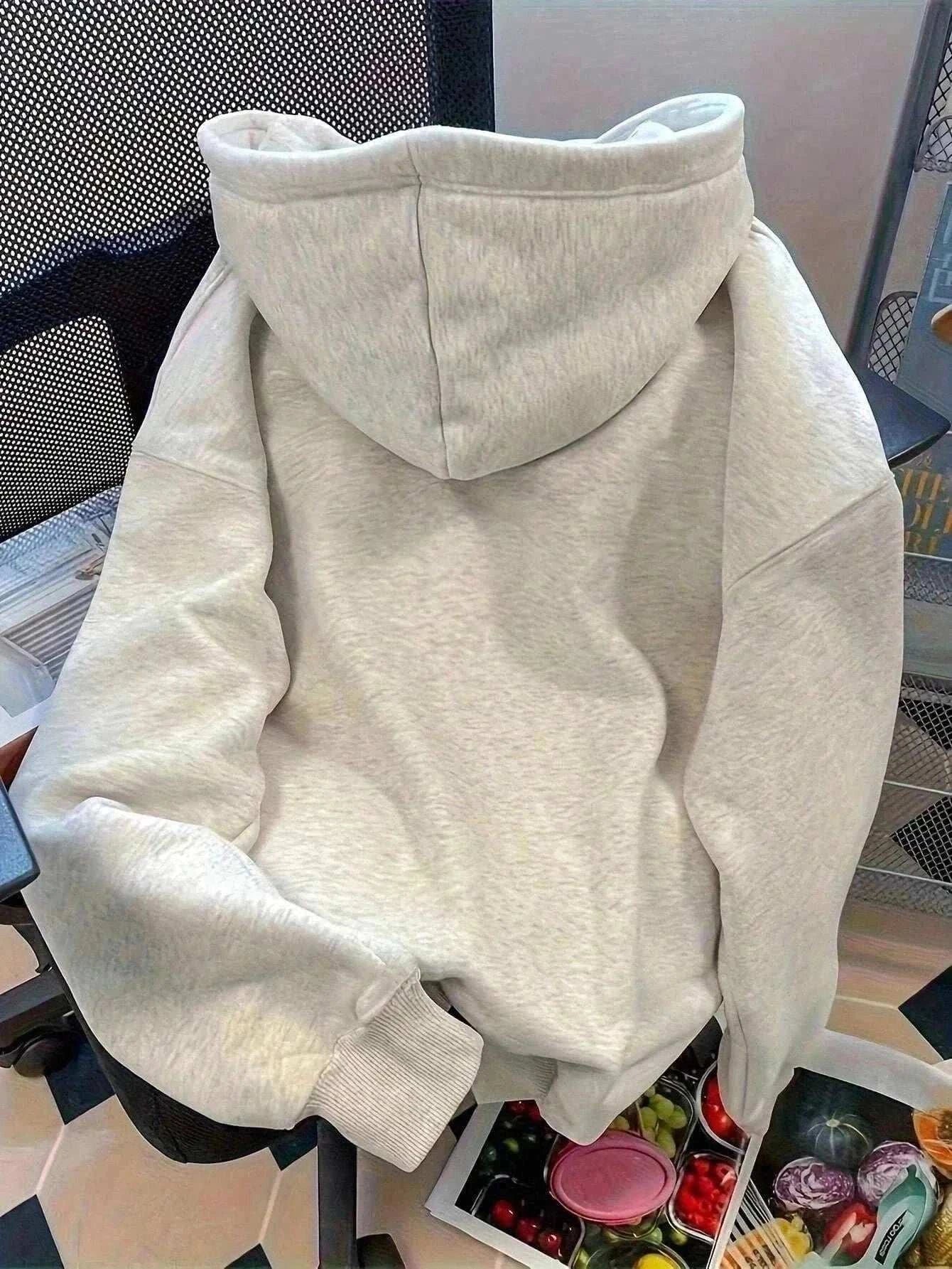 Closure plus size hooded sweatshirt with letter print, soft cotton knit, autumn winter casual wear
