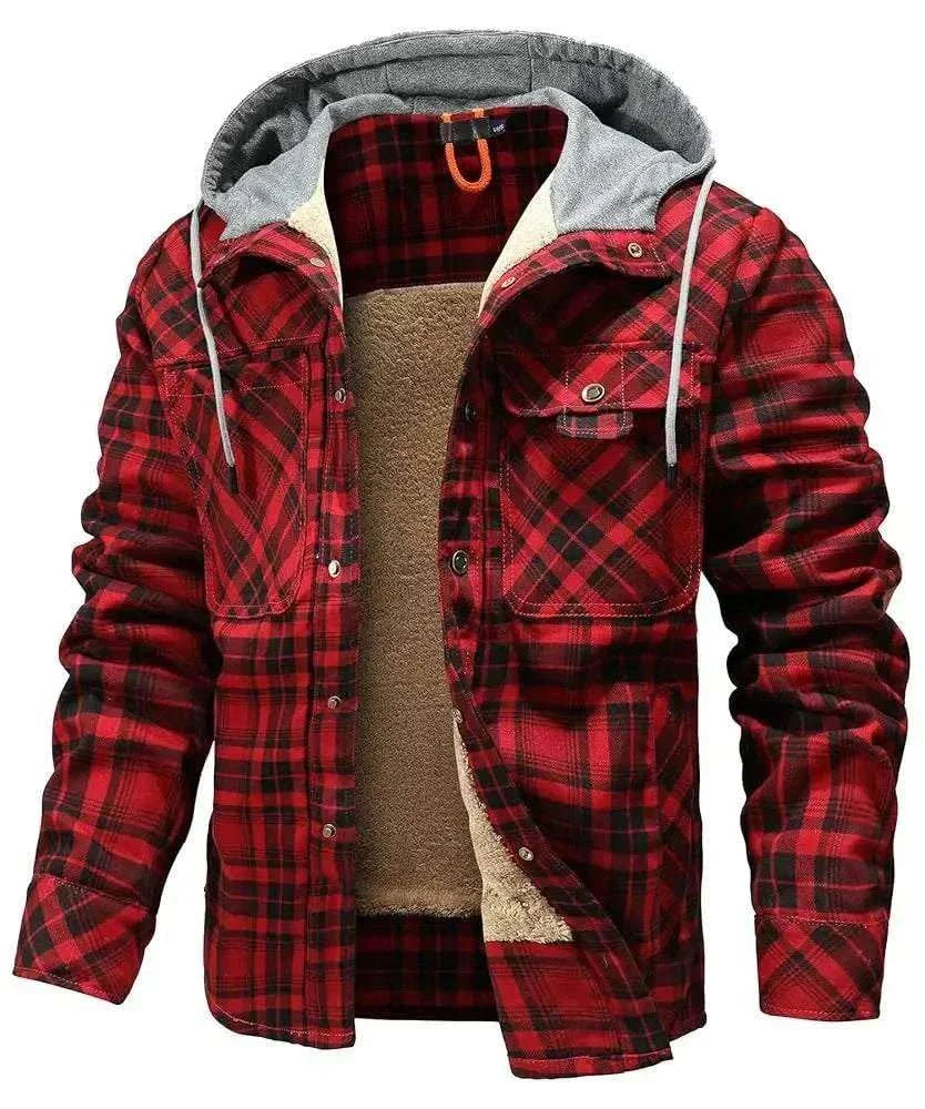 Men’s hooded sherpa-lined plaid flannel winter jacket with slim cut and zip-up closure