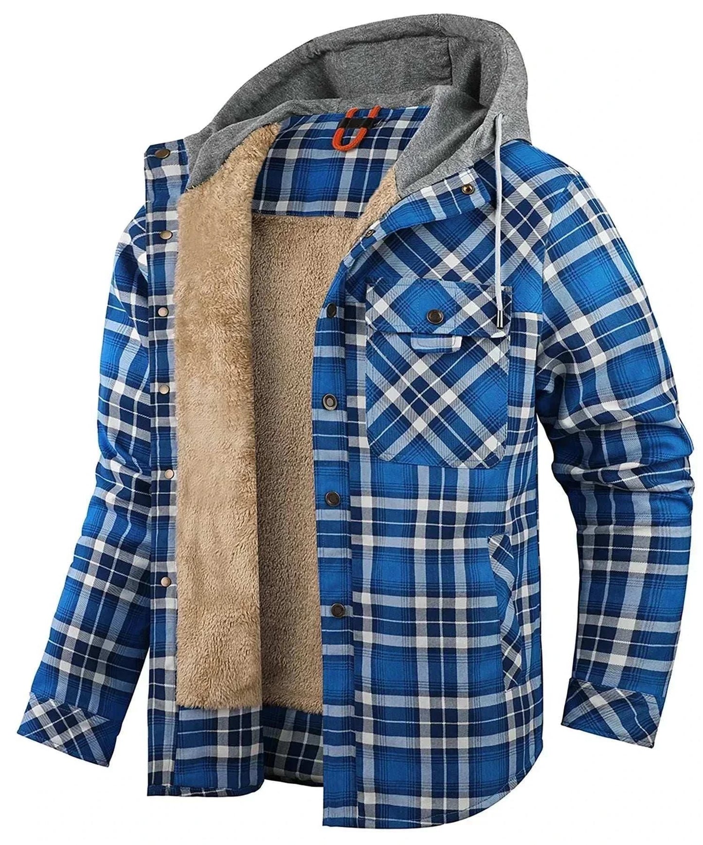 Men’s hooded sherpa-lined plaid flannel winter jacket with slim cut and zip-up closure