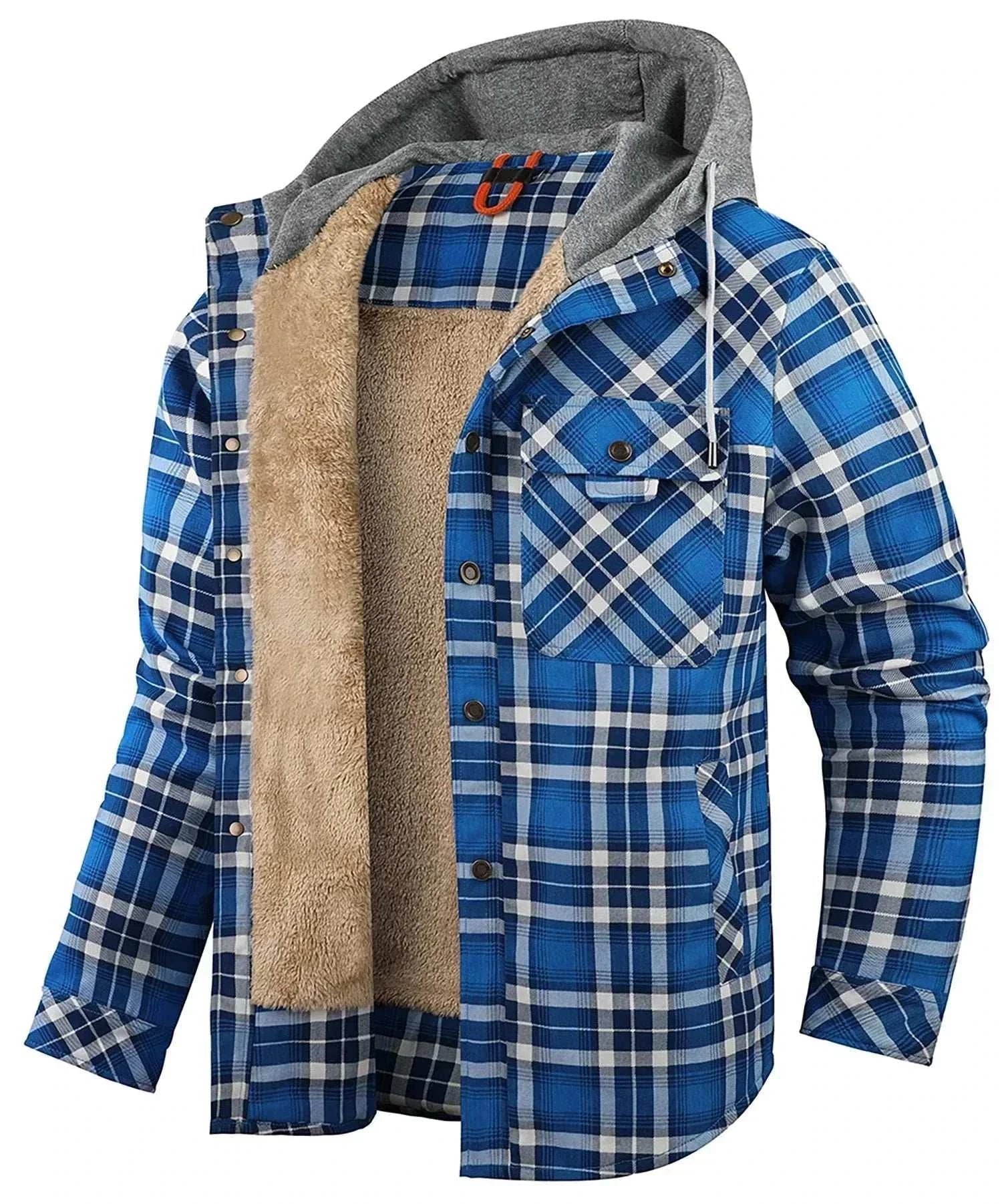 Men’s hooded sherpa-lined plaid flannel winter jacket with slim cut and zip-up closure