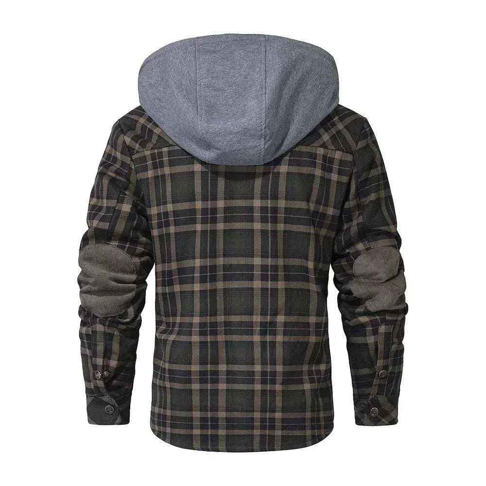 Men’s hooded sherpa-lined plaid flannel winter jacket with slim cut and zip-up closure in multiple colors