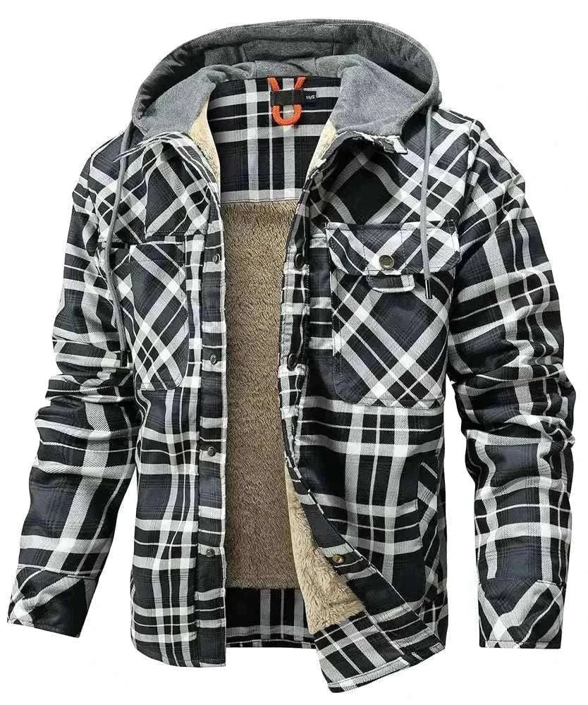 Men’s hooded sherpa-lined plaid flannel winter jacket with slim cut and zip-up closure
