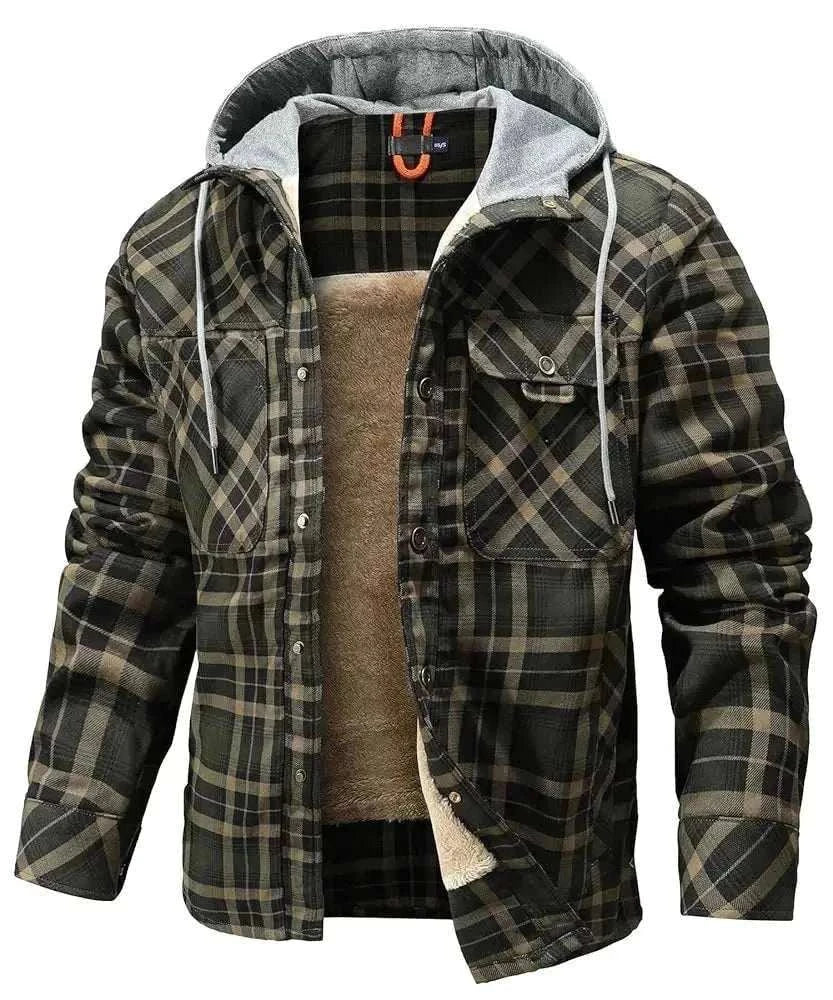 Men’s hooded sherpa-lined plaid flannel winter jacket with slim cut and zip-up closure
