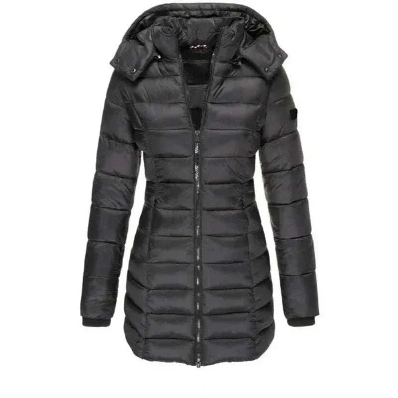 Women’s thickened hooded winter parka padded puff jacket mid-length slim fit on model