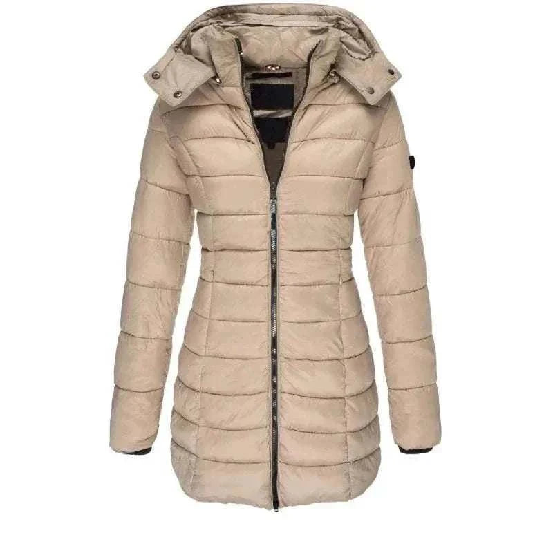 Women’s thickened hooded winter parka padded puff jacket mid-length slim fit for cold weather
