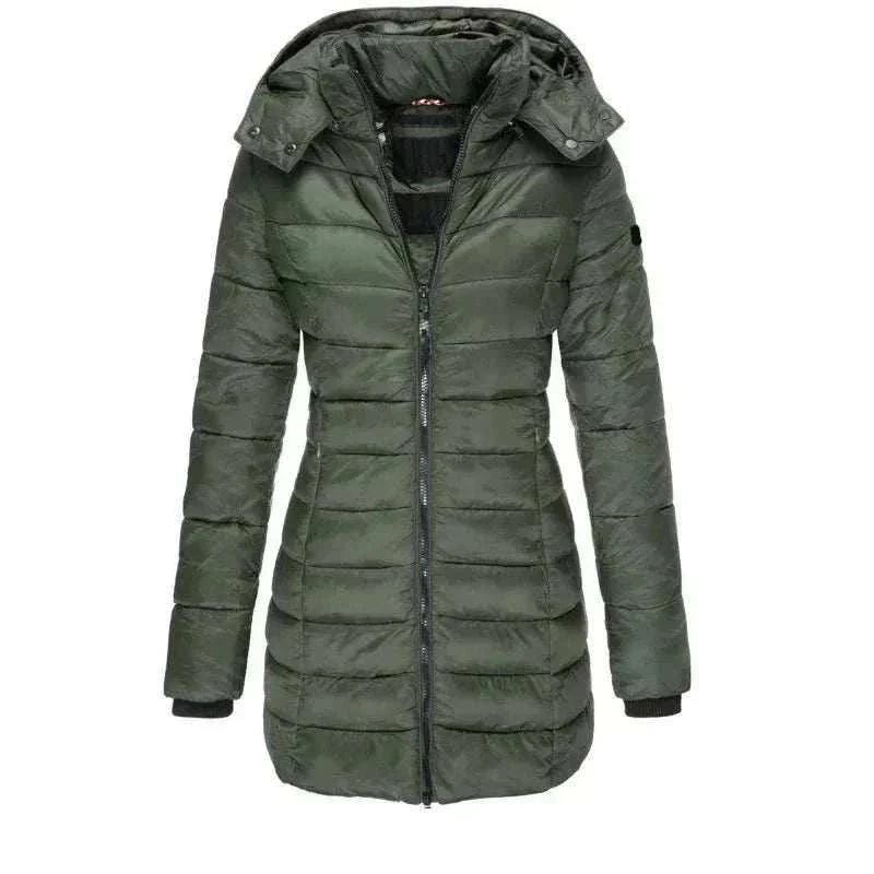 Women’s thickened hooded winter parka padded puff jacket mid-length slim fit in solid color with zipper and pockets