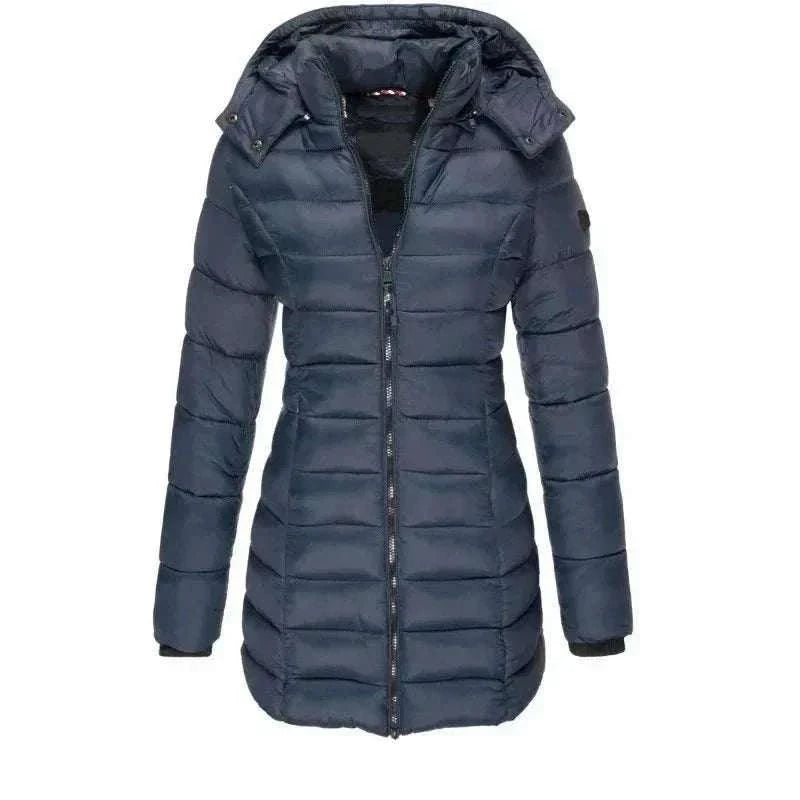 Women’s thickened hooded winter parka mid-length padded puff jacket in solid color with zipper and pockets
