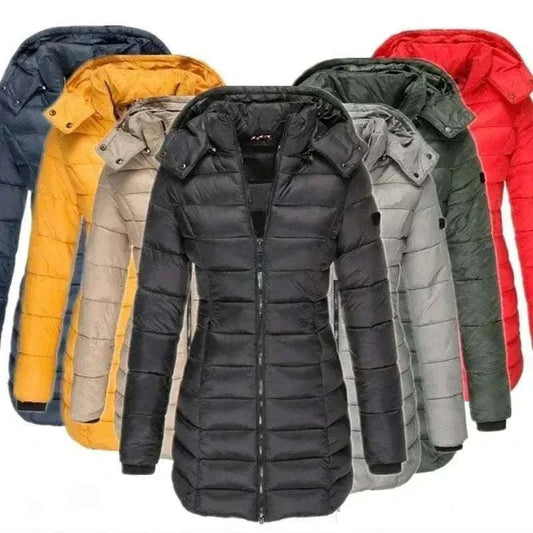 Women’s thickened hooded winter parka mid-length padded puff jacket in solid color with zipper and pockets