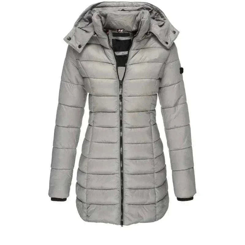 Women’s thickened hooded winter parka padded puff jacket mid-length slim fit outdoors