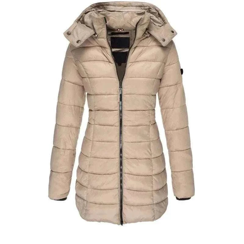 Women’s hooded padded winter parka with full-zip, mid-length design, and warm broadcloth fabric