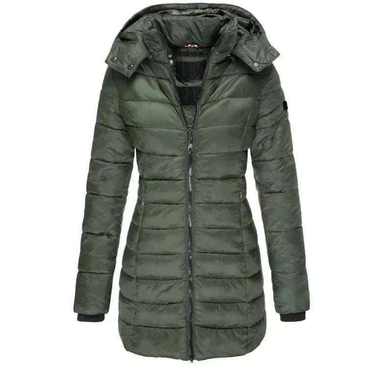 Women’s hooded padded winter parka mid-length full-zip broadcloth coat