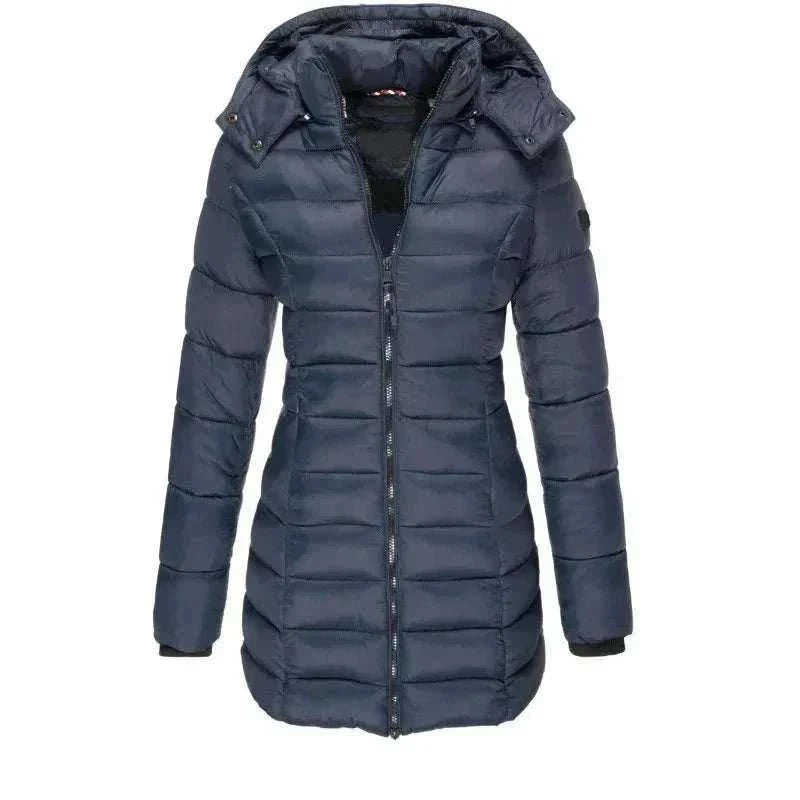 Women’s hooded padded winter parka with full-zip, mid-length warm broadcloth coat