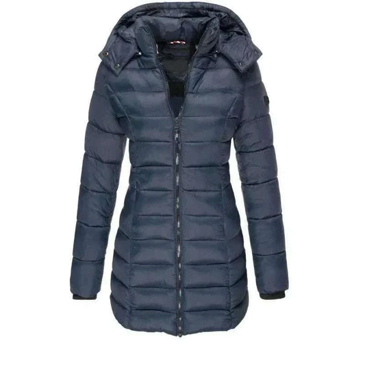 Women’s hooded padded winter parka with full-zip, mid-length warm broadcloth coat