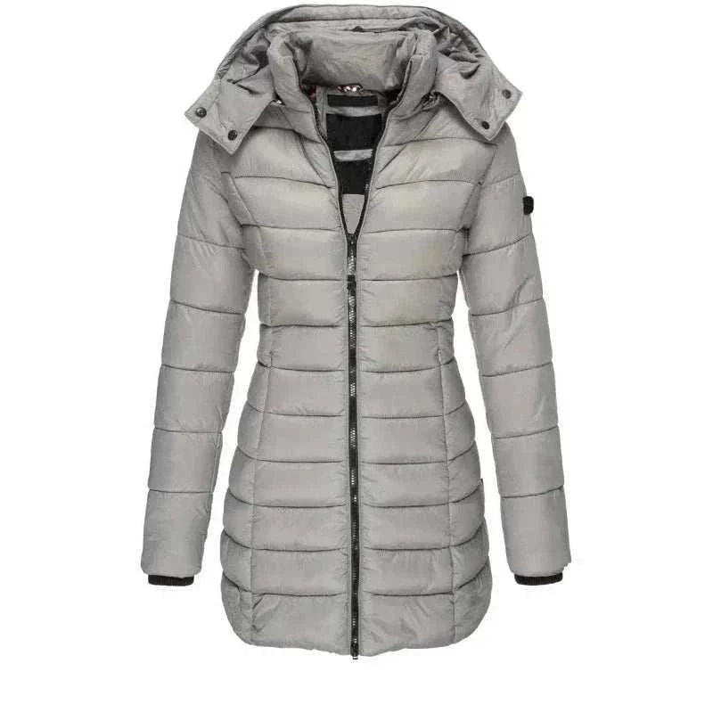Women’s hooded padded winter parka full-zip mid-length warm broadcloth coat with thick insulation and adjustable hood