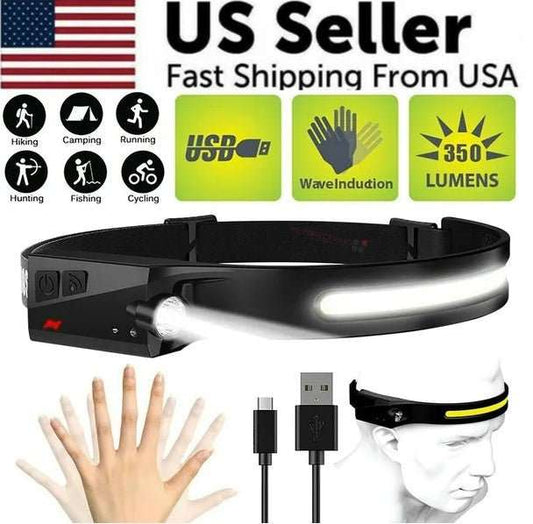 COB LED Headlamp USB rechargeable with 350 lumens, waterproof IPX5, motion sensor, and multiple lighting modes for camping and DIY tasks