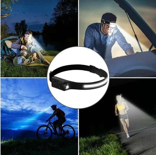 COB LED Headlamp USB rechargeable waterproof hands-free work light with motion sensor and multiple modes for camping and DIY