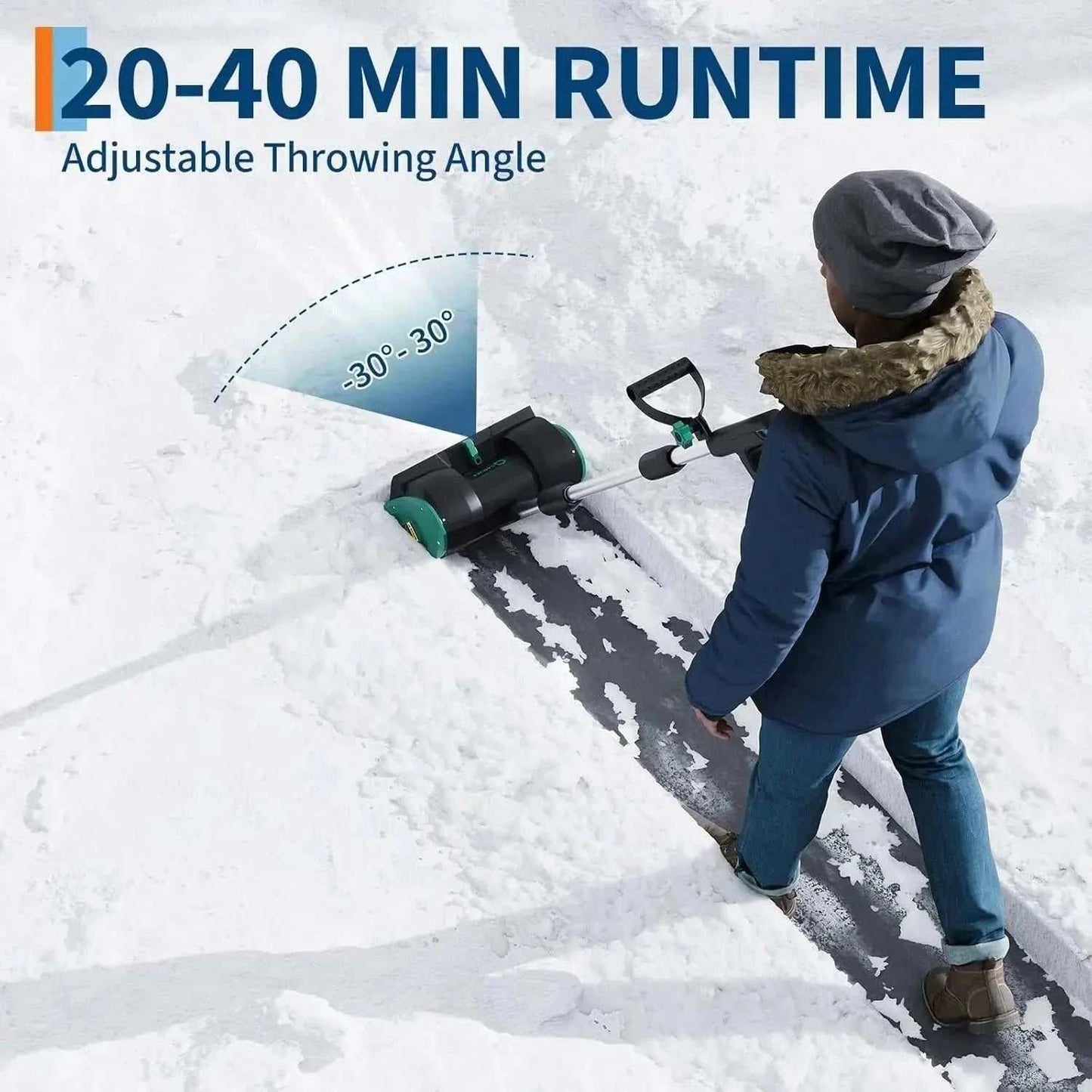 Cordless 20V snow shovel with brushless motor and rechargeable battery clearing a driveway