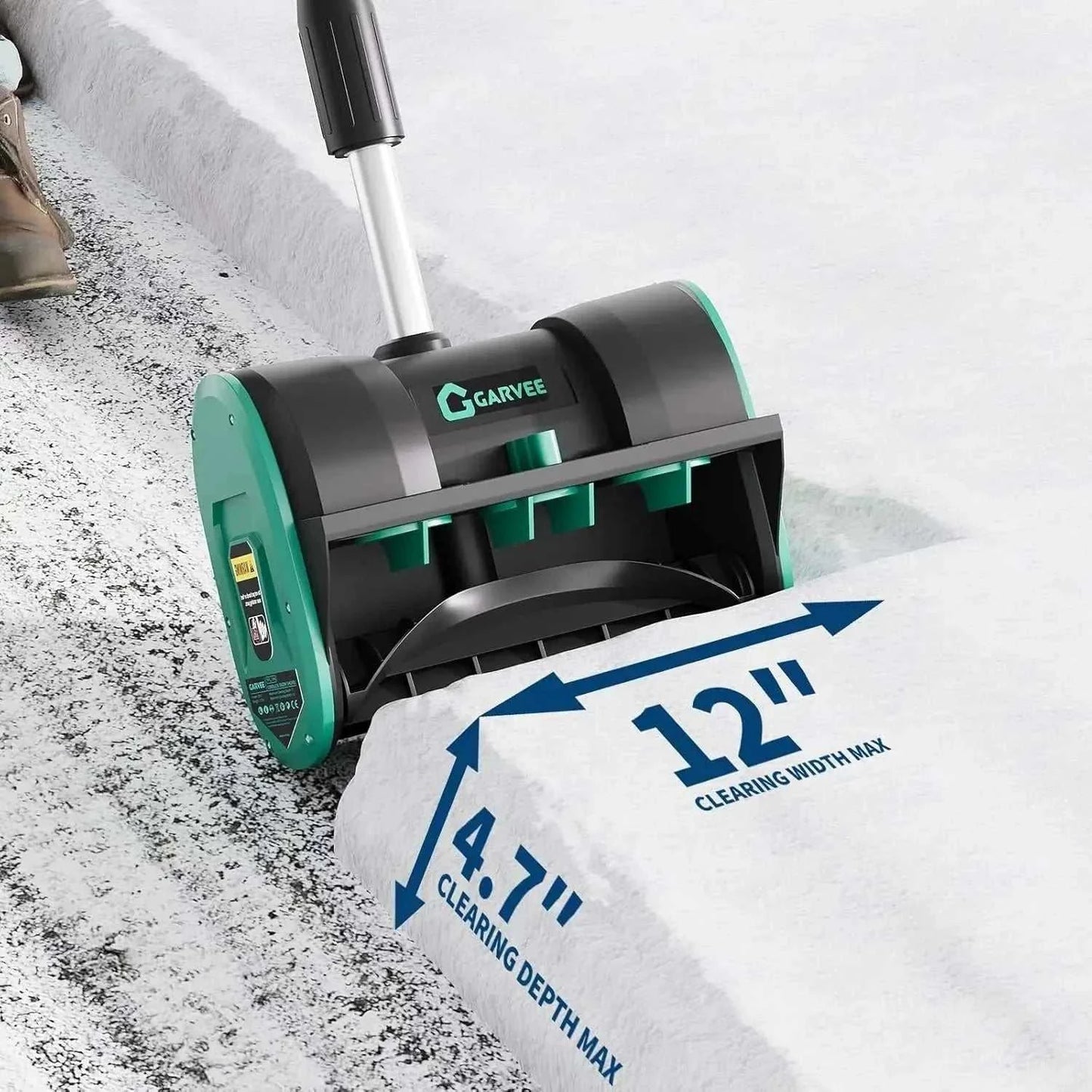 Cordless 20V snow shovel with brushless motor clearing snow on driveway, battery included