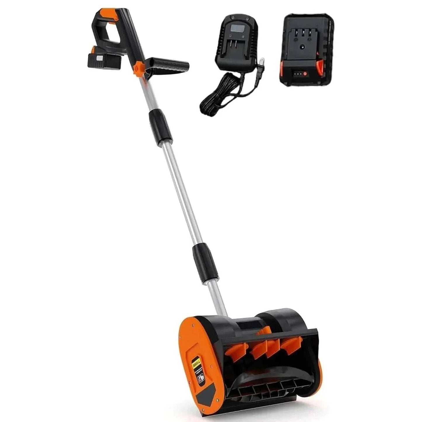 Cordless 20V snow shovel with brushless motor and battery clearing a driveway of wet snow