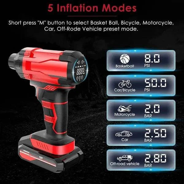 Cordless car tire pump with digital display, 150 PSI max pressure, rechargeable 6000mAh battery, multiple inflation modes, and LED light.