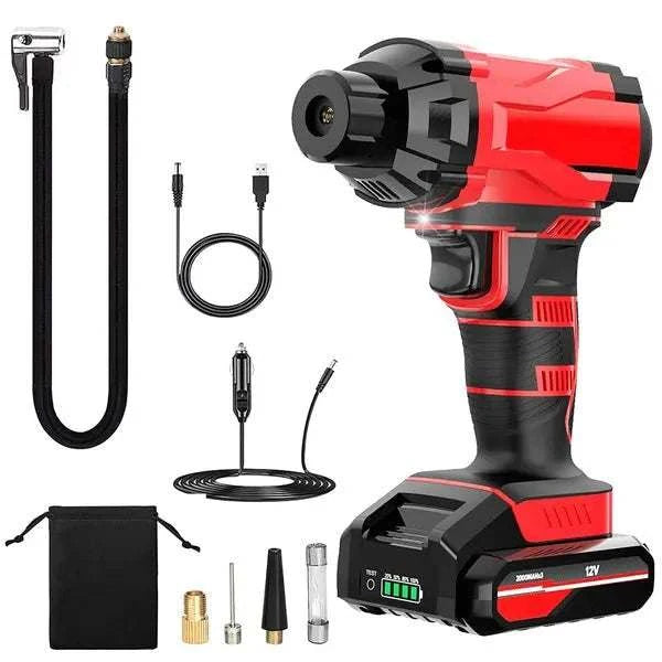 Cordless car tire pump with digital display, 150 PSI, rechargeable 6000mAh battery, and multiple inflation modes