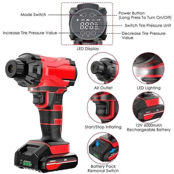 Cordless car tire pump inflating tire with digital display and LED light