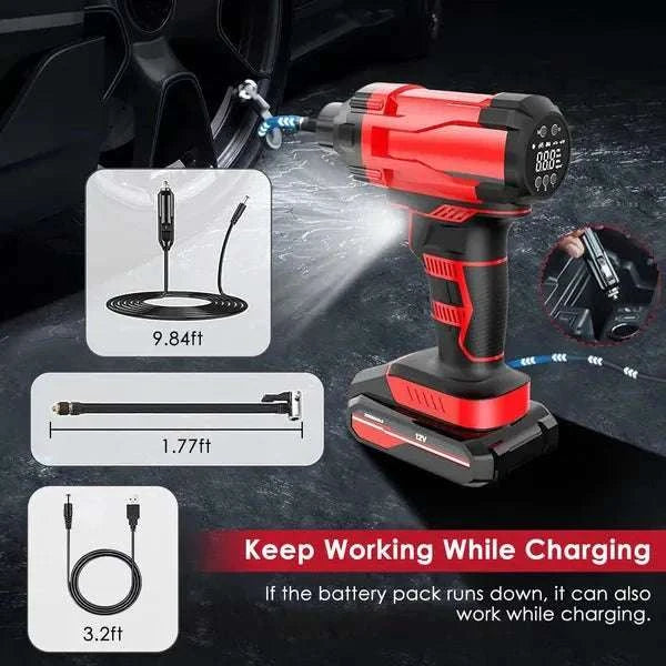 Cordless car tire pump with digital display and rechargeable 6000mAh battery, inflating car tire to 150 PSI.