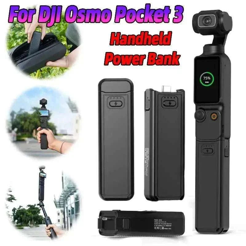 Portable battery hand grip with fast charging power bank for pocket action cameras