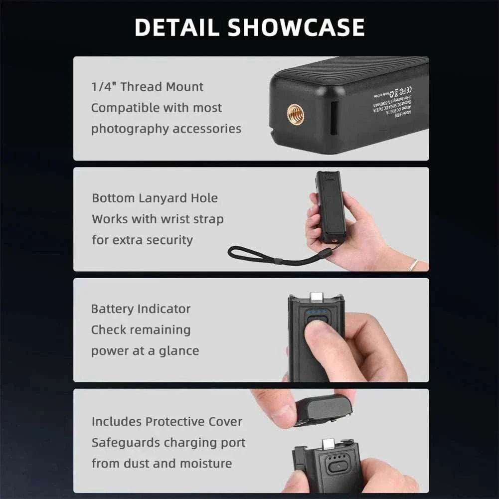 Portable battery hand grip with fast-charging power bank for pocket action cameras